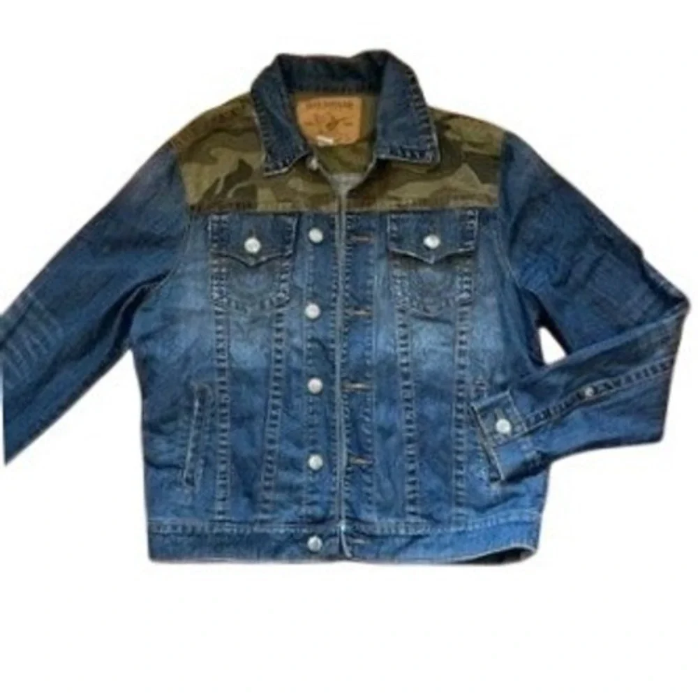 True Religion Mens Blue Denim Camo Yoke Trucker Jacket Horseshoe Stitching Large